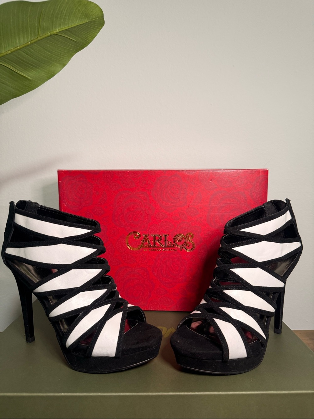 Carlos by Carlos Santana Strata Black & White Caged Heels | Size 6